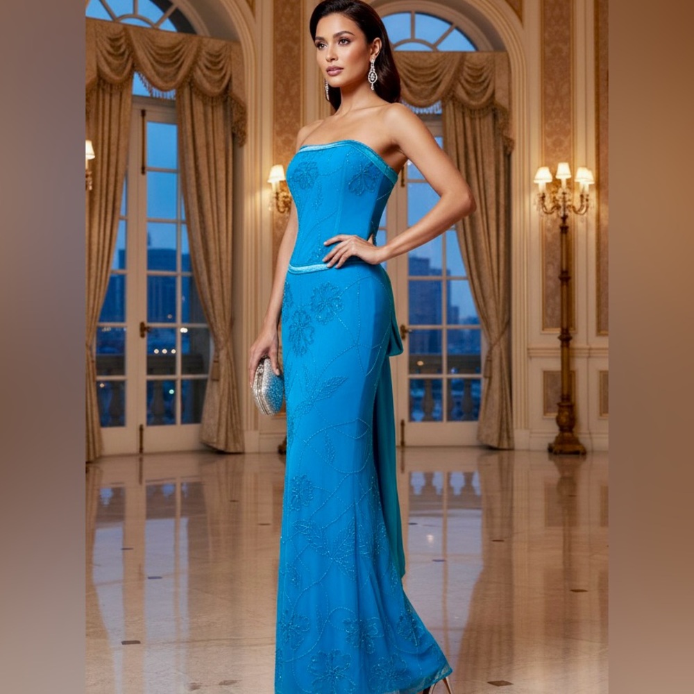 Chic‎ Strapless Attitudes by Debra hand beaded Turquoise Dress